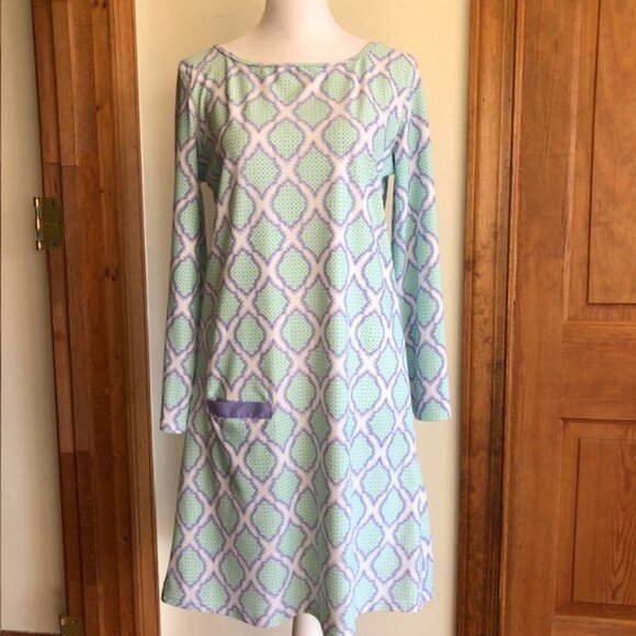CABANA LIFE Geo Classic Shift 3/4 Sleeve Green Purple Dress Medium - Picture 1 of 15